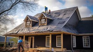 A homeowner inspects a clean gutter and downspout beside a pitched roof after rainfall.