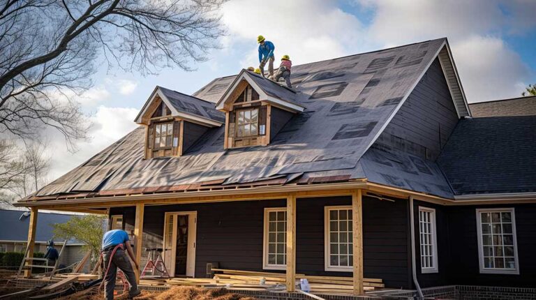 A homeowner inspects a clean gutter and downspout beside a pitched roof after rainfall.