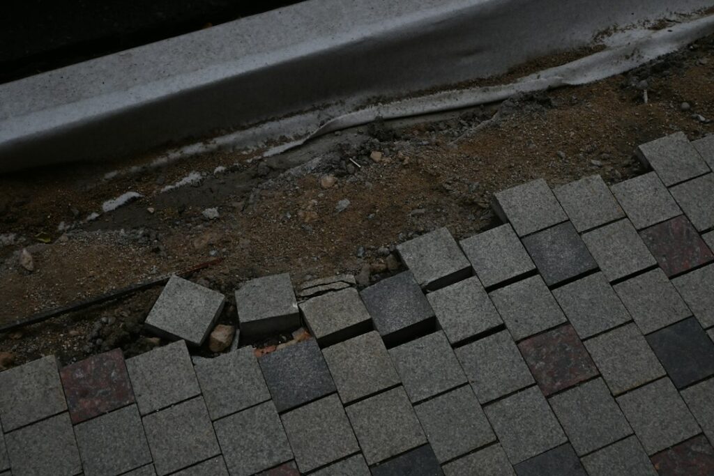 A homeowner observes damaged shingles, clogged gutters, and a ceiling water stain during a careful roof inspection.