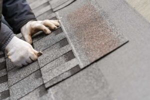 Sunlit asphalt shingles show fading, curled edges, and granules collecting near a roof gutter.